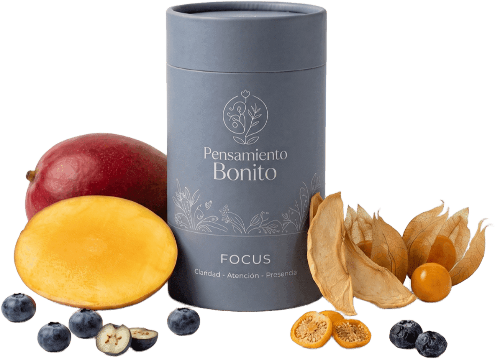 Frutas liofilizadas de Pensamiento Bonito, en grupo sobre luz cálida